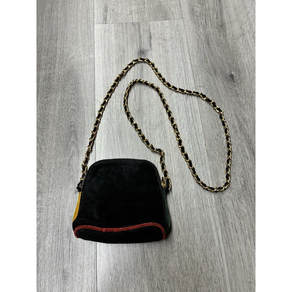 Mondi Black Suede Leather Mini Crossbody Bag With Gold Chain Shoulder Strap